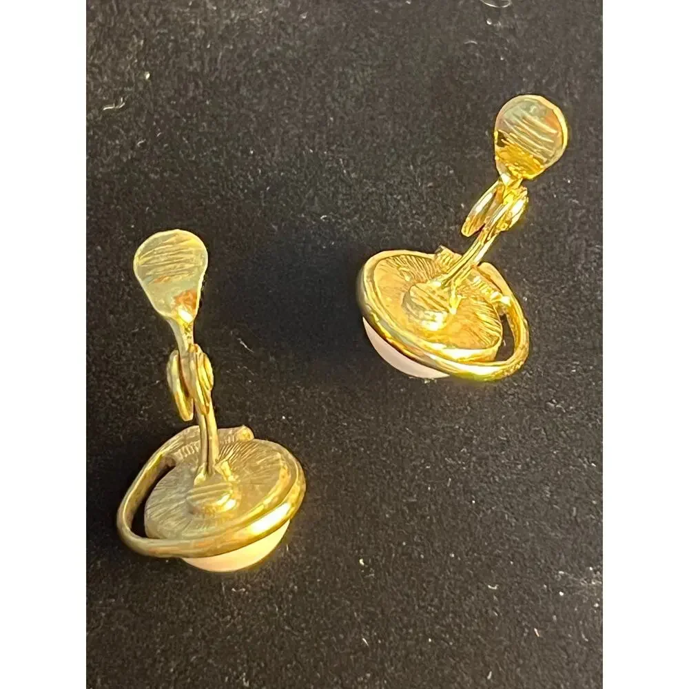 VTG Monet Earrings Clip On Gold Tone Faux Pearl Rhinestones Coquette Prom Formal